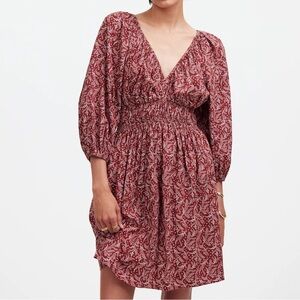 Madewell Puff Sleeve V-Neck Mini Dress in Paisley Floral Red Burgundy Size 2